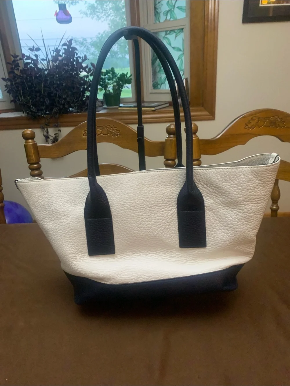 kate spade White and Navy Leather Tote with Tassel